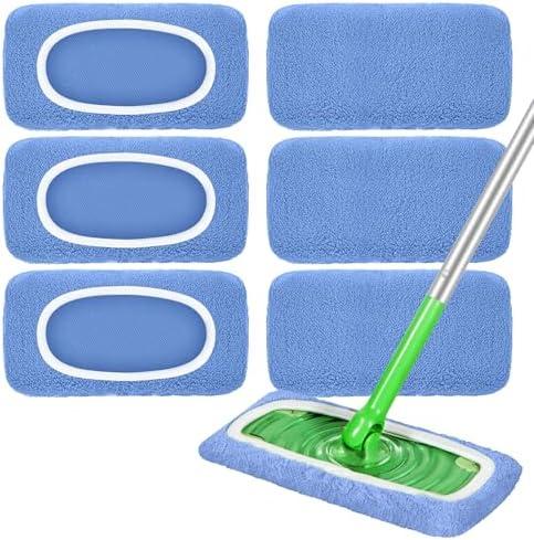 Reusable Mop Pads Compatible with Swiffer Sweeper Mop, Microfiber Dry Sweeping Cloths & Machine Washable Wet Pads Refill for Use on All Sealed Floors - Stone, Hardwood, Laminate & Tile (6 Blue)
