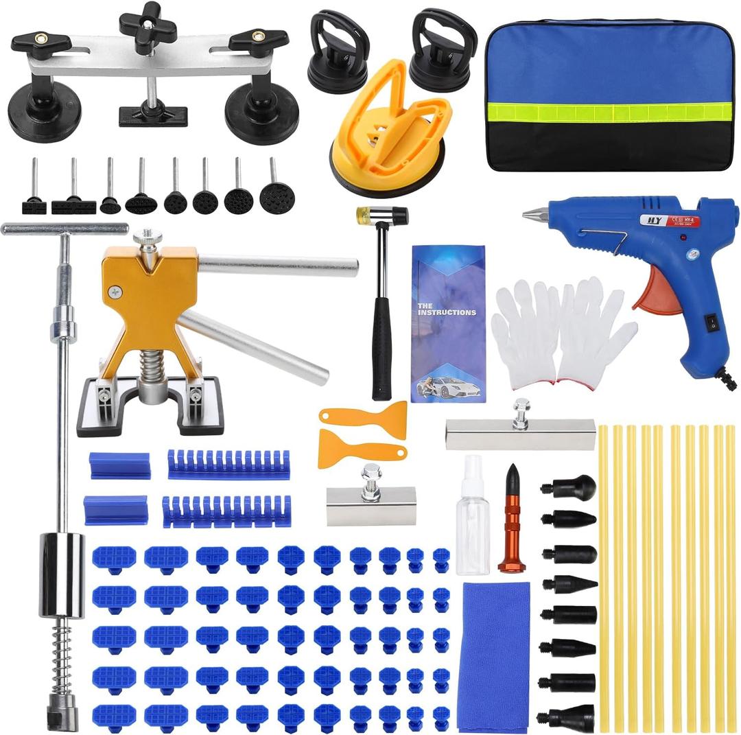 97PCS Auto Body Dent Repair Tool Kit, Paint-Friendly Dent Repair Kit with Golden Lifter, Slide Hammer T-bar Dent Puller, Bridge Puller, Suction Cup and Glue for Car Dent Remove Tools Kit