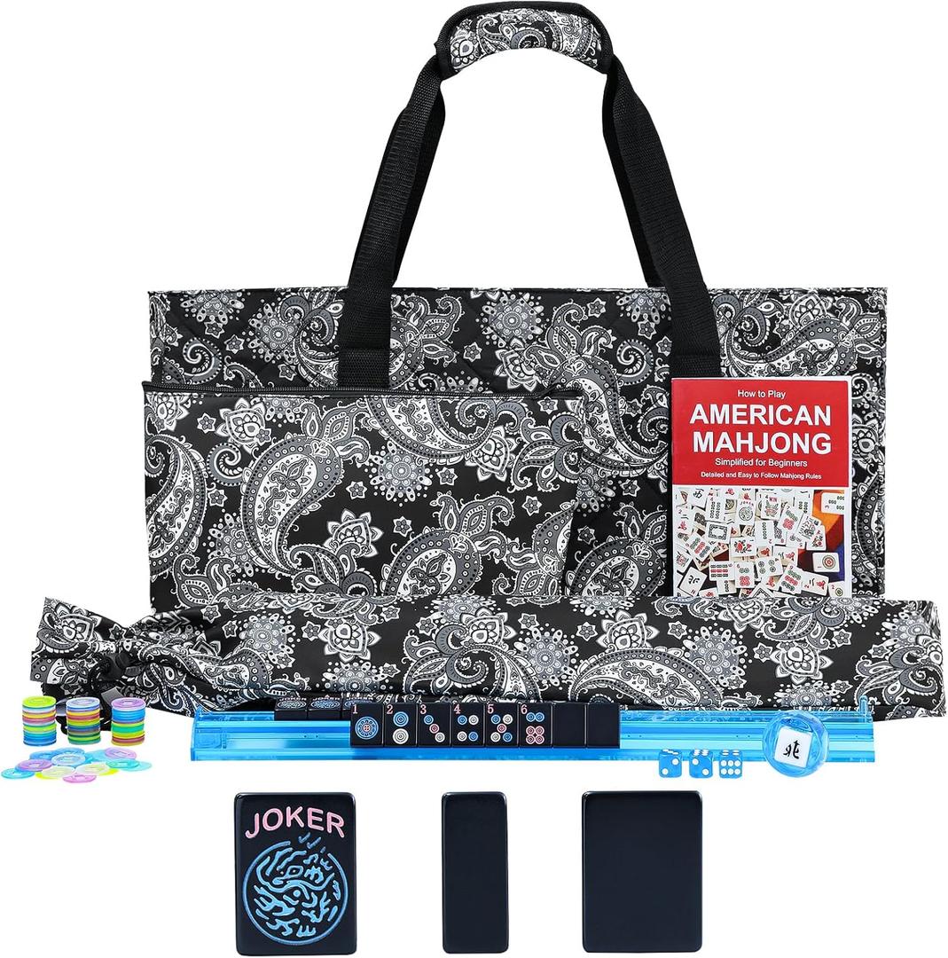 American Mahjong Game Set, 166 Black Tiles (1.2), 4 All-in-One Color Rack/Pushers & Drawstring Bag, Complete Mahjong Set with Black Carrying Bag and Mahjong Tiles Set Accessories