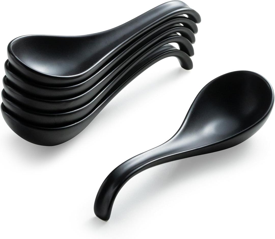 Gomakren Asian Soup Spoons, 6.5 Inch Ceramic Chinese Soup Spoons for Cereal, Ramen, Pho, Noodles, Stews, Black Kitchen Spoons with Long Handle and Deep Oval Design - Set of 6