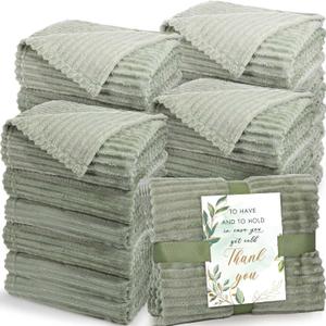 Buryeah 24 Pcs Wedding Flannel Fleece Throw Blanket Bulk with Thank You Card and Ribbon, 50 x 60 Inch Throw Blankets Outdoor Wedding Ideas, Party Souvenirs (Sage Green)