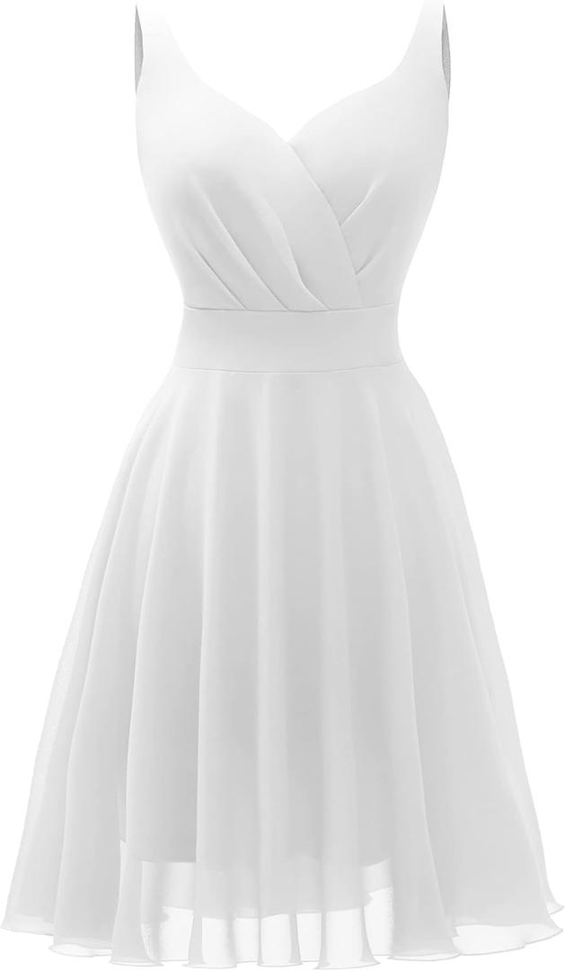 Dressever Summer Cocktail Dress V-Neck Adjustable Spaghetti Strap Chiffon Sundress (Large, White)