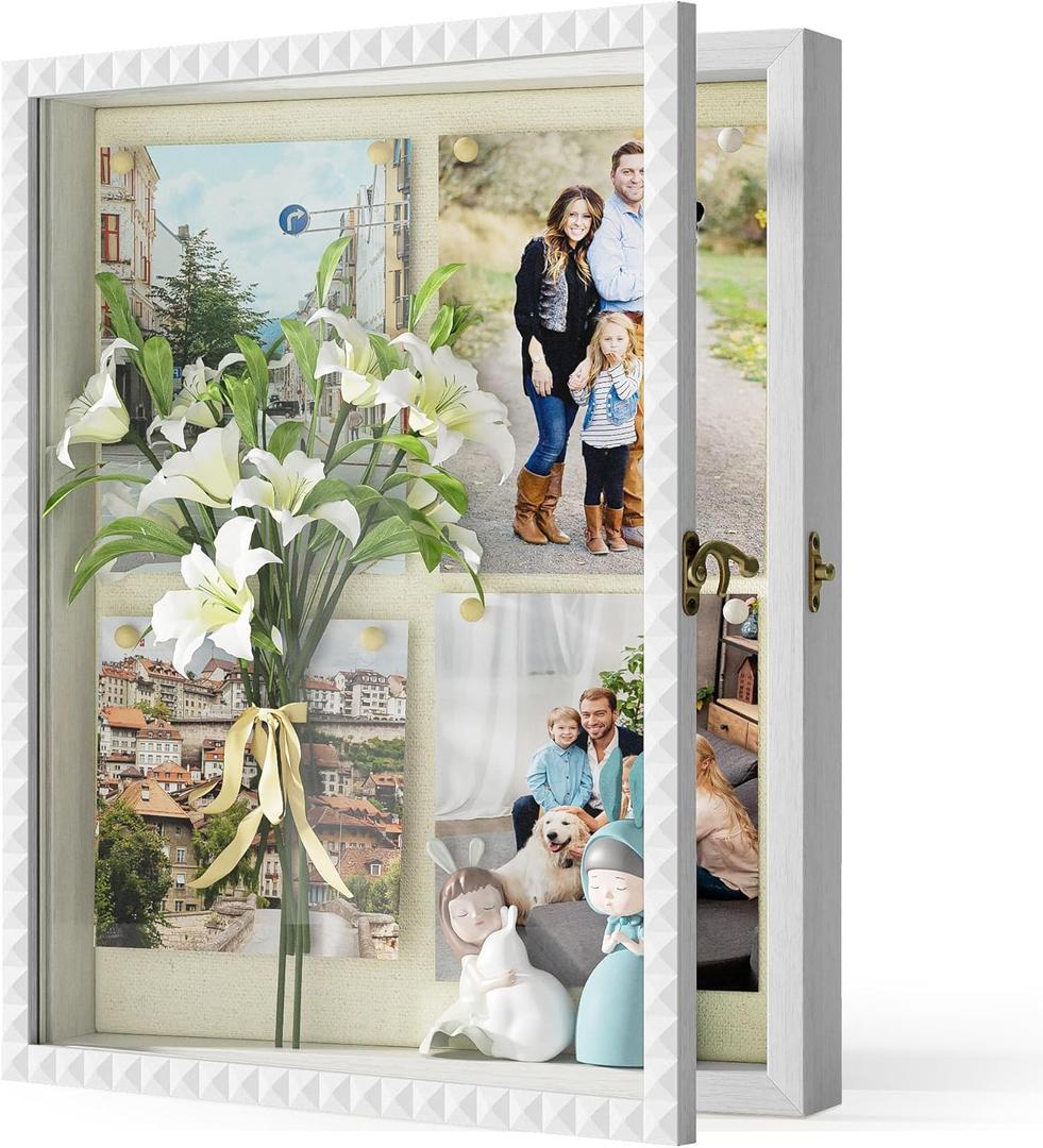 SZQINJI Shadow Box Frame 13x16 Deep Memory Box White Shadow Boxes Display Cases Large with Front Opening Vintage Lock Diamond Shape Door for Wedding Graduation Baby Flower Pet Memorial Keepsakes White