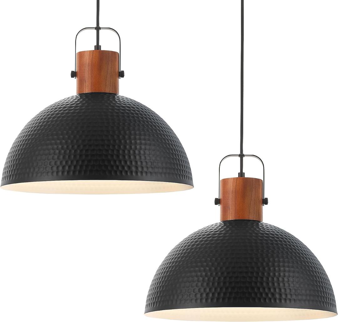 ELYONA 2 Pack Large Ash Wood Hammered Pendant Light Fixtures 16 Inch Metal Dome Ceiling Hanging Lamp, Industrial Kitchen Island Pendant Lighting for Farmhouse, Dining Room,Living Room, Black
