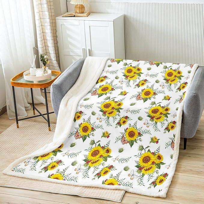 Loussiesd Kids Sunflower Fleece Throw Blanket Floral Print Sherpa Blanket for Bed Sofa Bedroom Decor Yellow Flowers Pattern Plush Blanket Botanical Yellow White Fuzzy Blanket Queen 90x90 Inch