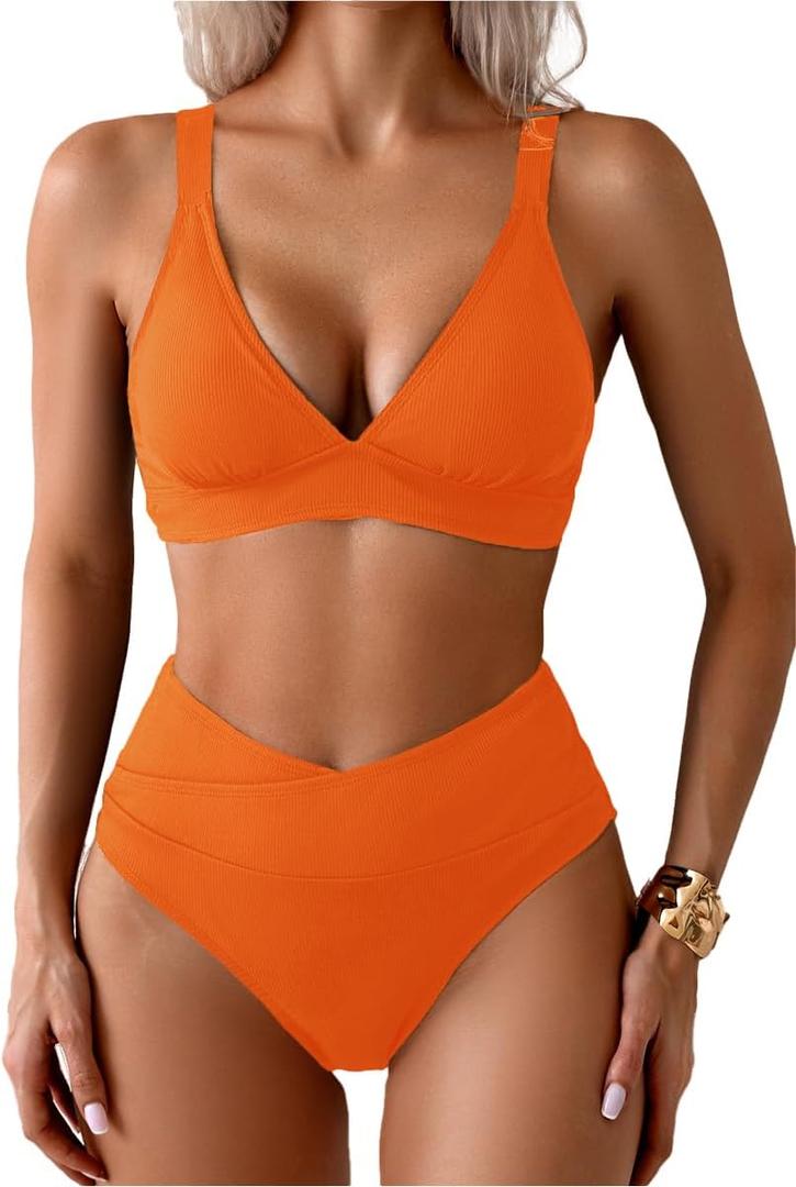 Sexy Ribbed Bikini Set 2 Piece Womens High Waisted V-Cut Cheeky High Leg Tummy Control Longline Swimsuit, Size L