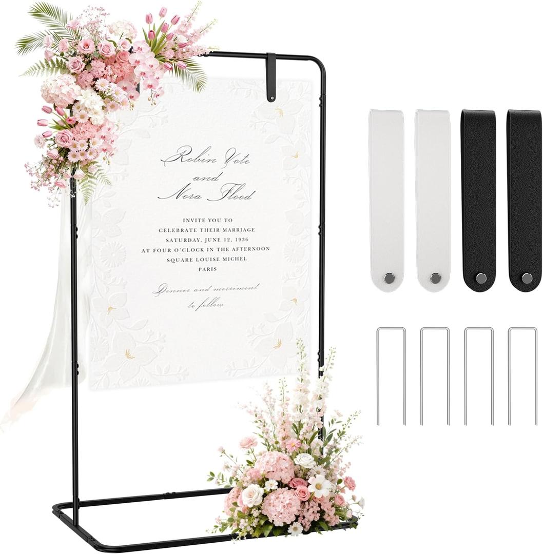 EMART Welcome Sign Stand, 68x31x 20Wedding Sign Stand with 4 Leather Hanging Straps & 4 Reusable Ground Stakes, Black Easel Stand Personalized for Party, Baby Shower, Graduation Ceremony