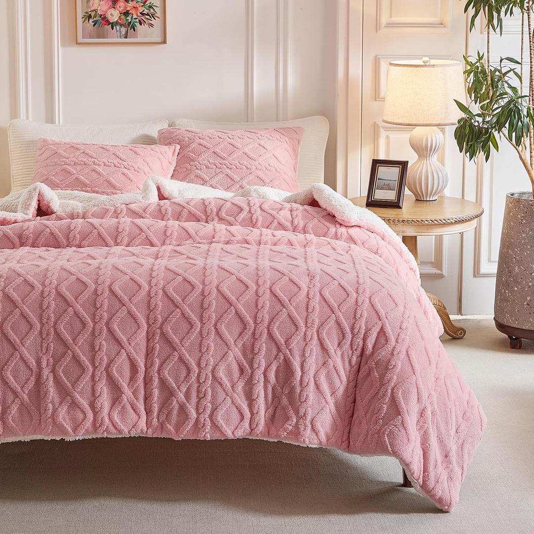 Joyreap 3-Piece Fluffy Faux Fur Sherpa Comforter Set Pink, Queen Size Luxury Tufted Bedding Comforter Set, All Season Soft n Cozy Plush Comforter Bed Set- 88x88 inches