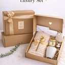 Gift Basket for Women, Unique Birthday Gift, Relaxation or Get Well Soon Gift – Cozy Blanket, Mug, Candle, Honey Jar, Herbal Tea, Gold Spoon, Thank you Card, Gift Box – White Arch