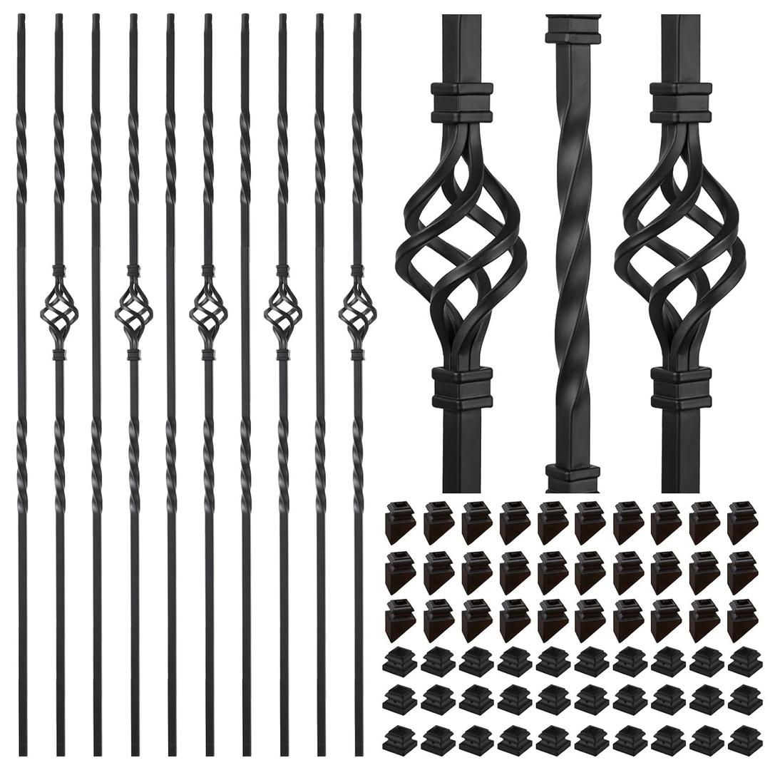 30 Pack Staircases Iron Balusters -1/2'' Square Hollow Metal Spindles with Single Basket and Double Twist Design, Includes 30 Flat Shoes & 30 Angle Shoes