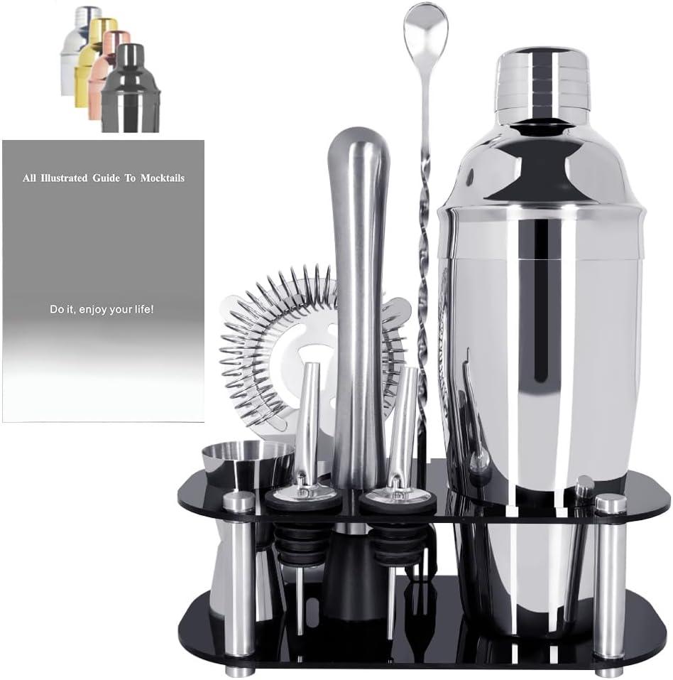 9Pcs Cocktail Shaker Set, Bartender Kit, Cocktail Shaker with Stand, Drink Mixing Includes Shakers,Strainer,Jigger,Bar Mixer Spoon,Muddler, Pourer, Bar Tool Set  (Silver)