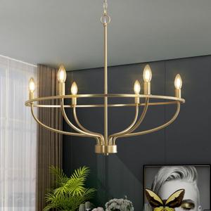 6 Light Gold Chandelier, Brushed Gold Light Fixture Dining Table Candle Brass Chandelier Lighting for Bedroom Hallway Entryway Living Room Kitchen 29in Brushed Brass Chandeliers