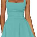 Kaximil Women's Square Neck Ruffle Hem Mini Dress Ruched Waist Short Party Dresses (Medium, Blue)