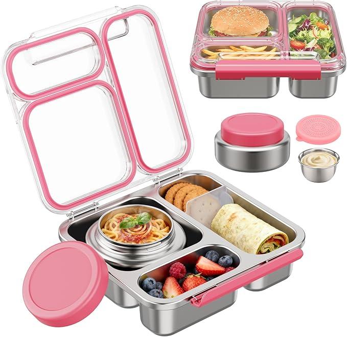Pawtong Stainless Steel Bento Box Kids Adult with 7oz Insulated Food Jar, Transparent Lid Metal Lunch Box With Soup Thermal Jar, Lunch Box Container with Removable Divider & Sauce Cup School (Pink)