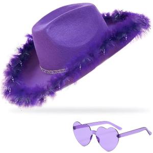 Cowboy Hat with Heart Sunglasses - Cowgirl Hat with Feather Boa Brim for Women&Men,Bachelorette Party Halloween (Purple)