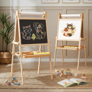 JOYOOSS Easel for Kids Ages 4-8 Easels for Toddlers Art Kids Easel Ages 8-12 Wooden Drawing Easels Double-Sided Magnetic Whiteboard Chalkboard with Paper Roll for Kid Dry Erase Board