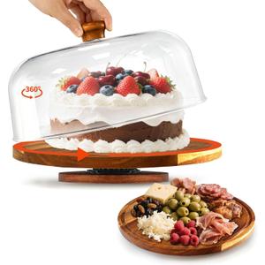 Rotating-Wood-Cake-Stand With Acrylic Dome Lid, Round Wooden Cake Holder Plate With Cover, 2-in-1 Dessert Table Display Set For Party, Charcuterie Board For Cheese, Chips & Dips, Nachos, Fruit Platter
