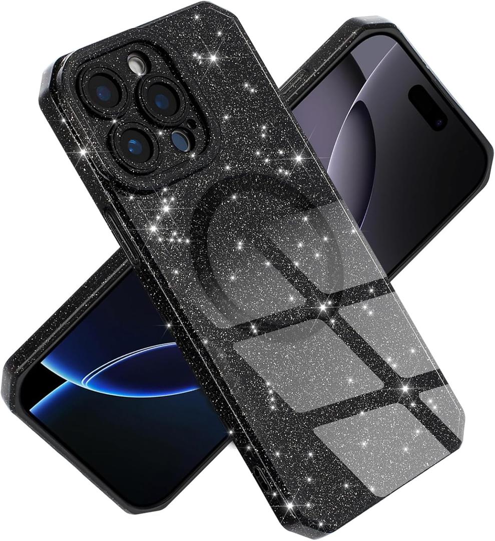 Magnetic Case for iPhone 14 Pro Max 6.7", Black Glitter Luxury Slim Shine Edge Silicone Shockproof Phone Case for Women Girls (Magsafe Compatible) (Black)