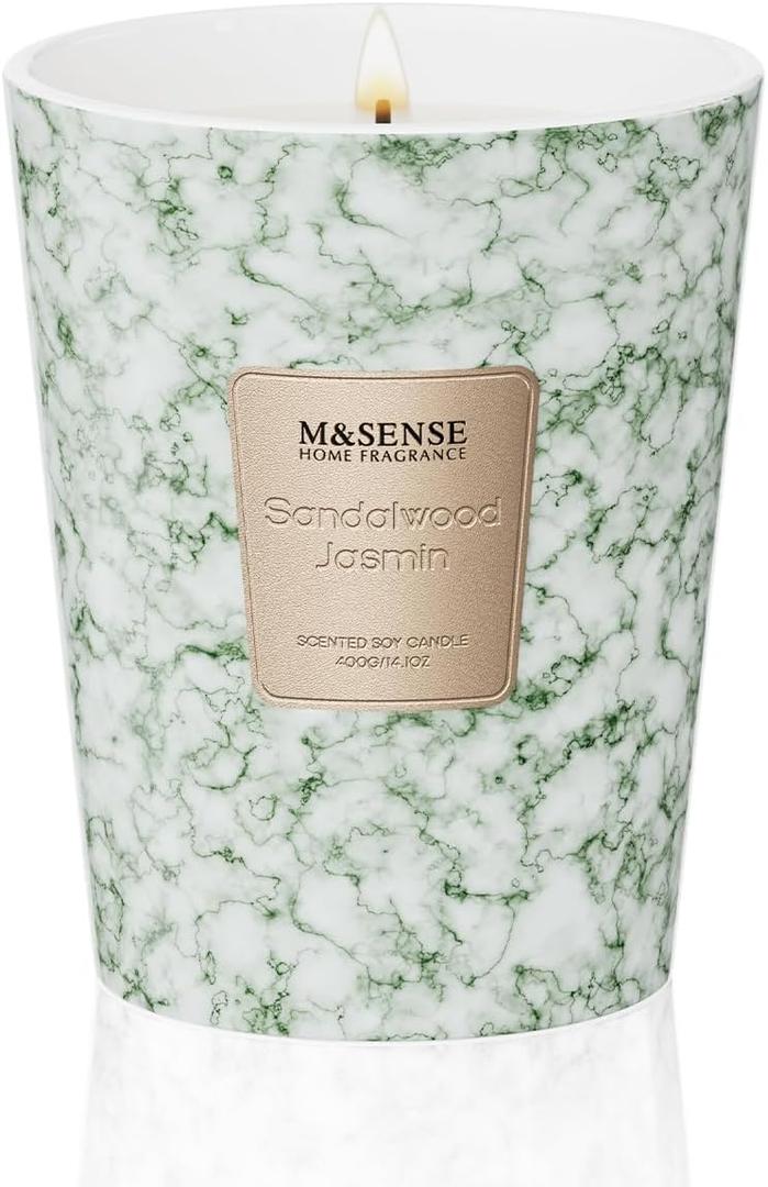 M&SENSE Sandalwood Jasmin Scented Soy Candle, 3 Wick Highly Scented 14.1 Oz 75H, Aromatherapy Christmas Gift for Women and Men