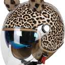 Vintage Glossy PU Leather 3/4 Motorcycle Helmet, DOT Certified Open Face Helmets with Dual Visor,Half Face Moped Helmet for Cruiser Scooter (Small, Style A-Long Lens)