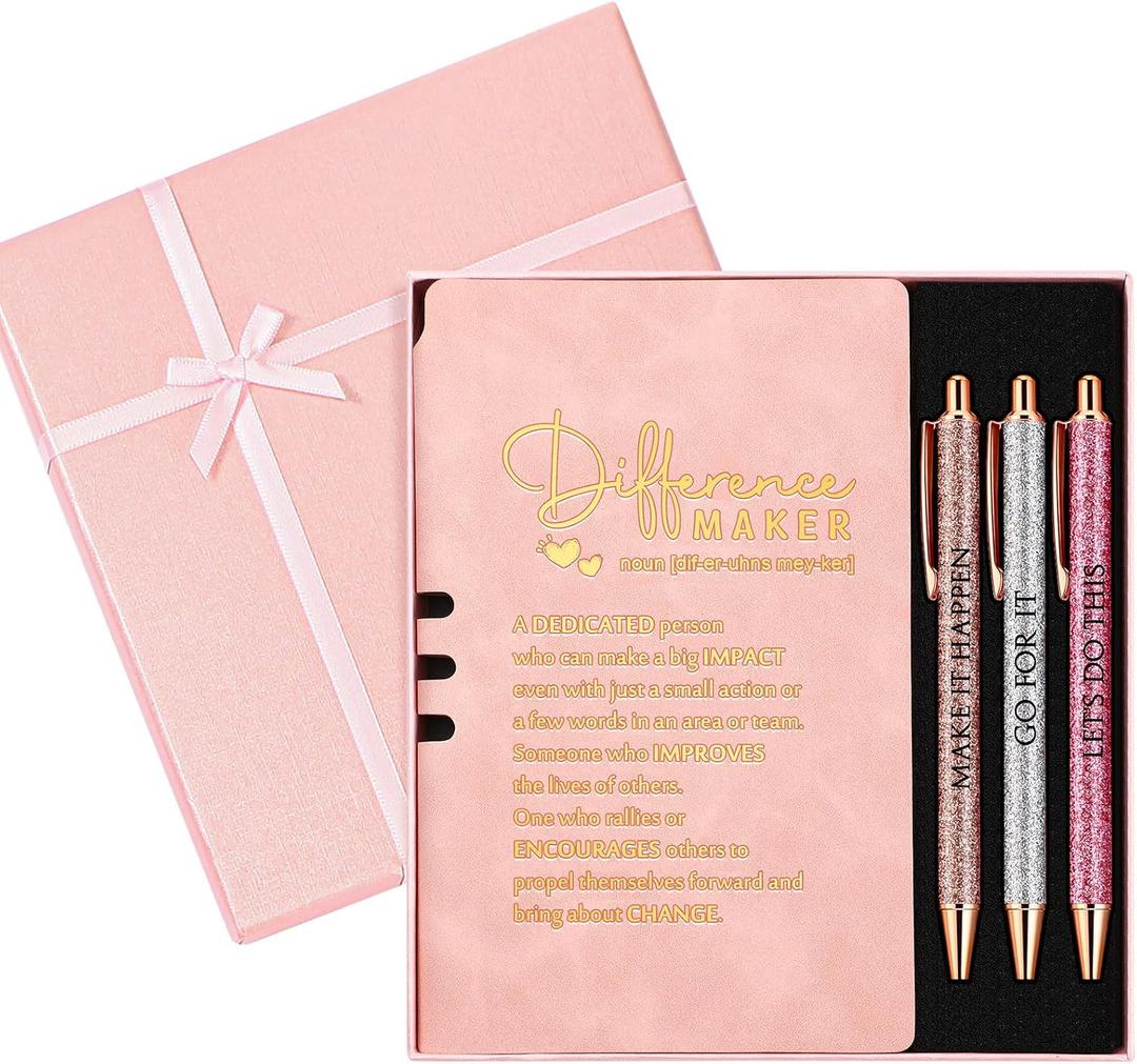 Thenshop 5 Pcs Employee Appreciation Gift Journal with Pen Difference Maker Inspirational Leather Notebook 3 Ballpoint Pens Box Thank You Gift for Coworker Teacher Volunteer Social Worker(Pink)