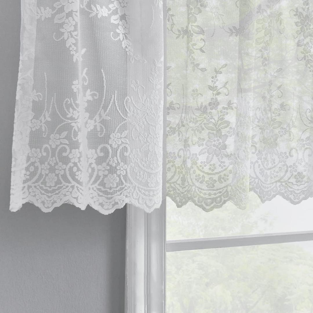 Kotile White Lace Valance for Kitchen Windows Over Sink Country Floral Embroidered Lace Valance for Window Cafe Dining Bath Room, Rod Pocket Short Sheer Curtain, 52 x 18 Inch, 1 Panel