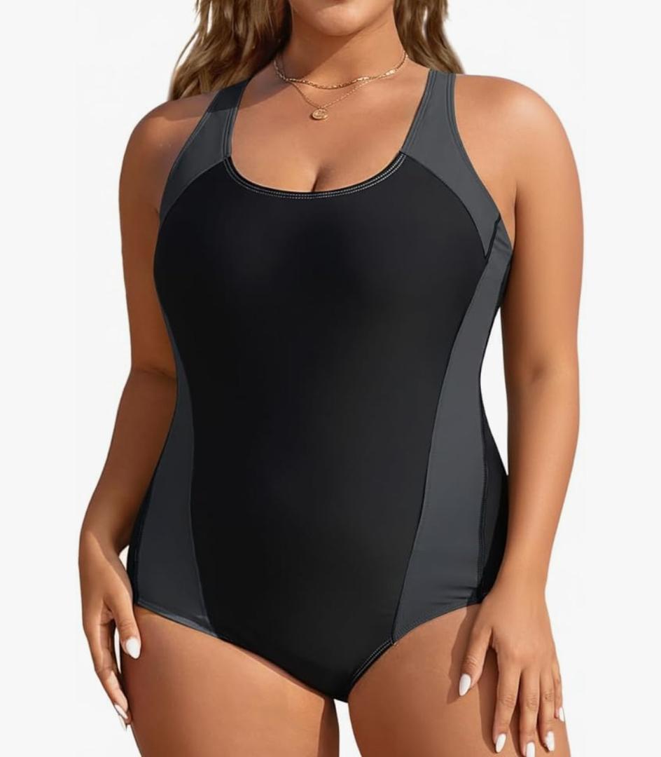 Aqua Eve Plus Size Swimsuits Athletic One Piece Bathing Suit for Women Tummy Control Slimming Swimwear, 30W, Black+Grey