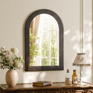 Arched Wall Mirror 24" x 36", Solid Wood Frame Bathroom Mirror, Walnut