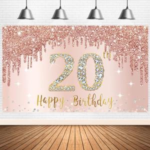 Happy 20th Birthday Banner Backdrop Decorations for Women Girls, Rose Gold 20 Birthday Sign Party Supplies, Pink 20 Year Old Birthday Poster Background Photo Booth Props Decor