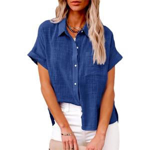 Womens Cotton Linen Short Sleeve Button Down Shirts Casual V Neck Plain Blouses Tops (Large)