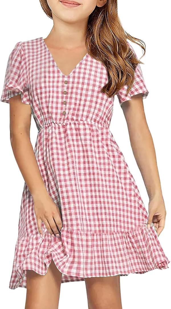 UMEKO Girls Polka Dot Print Midi Dress Button Down V Neck Short Sleeve Ruffle Casual Dresses (9-10 Years, Y-pink) UMEKO Girls Polka Dot Print Midi Dress Button Down V Neck Short Sleeve Ruffle Casual Dresses (9-10 Years, Y-pink)
