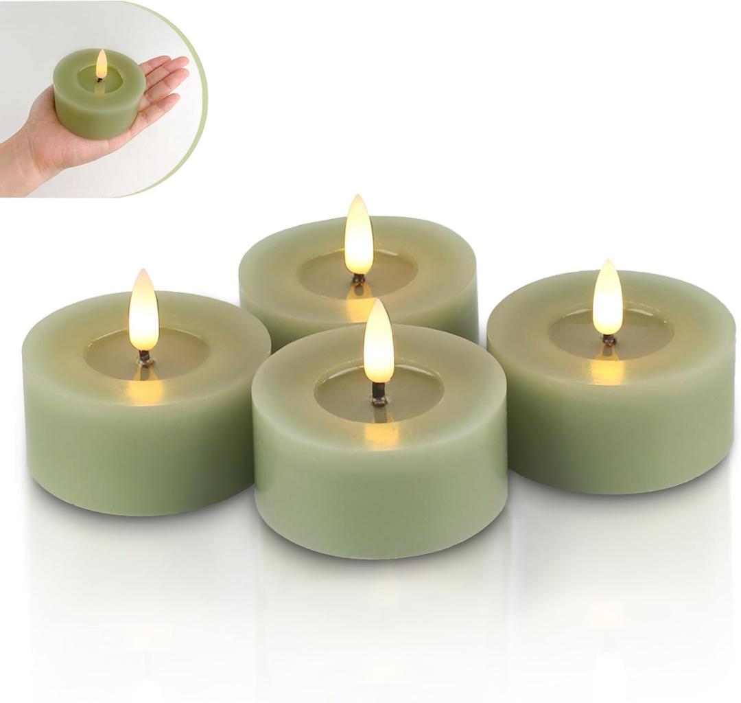 Rhytsing Set of 4 Sage Green Flamless LED Votive Candles Dia 2.8" with Reflective Wax Oil Surface for Spring and Summer, Wax Battery Operated Candles with Timer for Christmas Wreath - H 1.2"