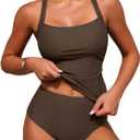 ZAFUL Women's Tankini Swimsuits Tummy Control Swimwear Two Piece Bathing Suits Swim Top with High Waisted Bottom (Medium, Brown)