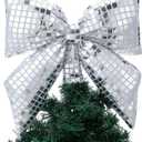 Disco Bow Christmas Tree Topper Vintage Disco Mirror Bow Ornaments Xmas Tree Topper Decorations for Christmas Party Holiday Wedding Birthday Home Indoor Decor