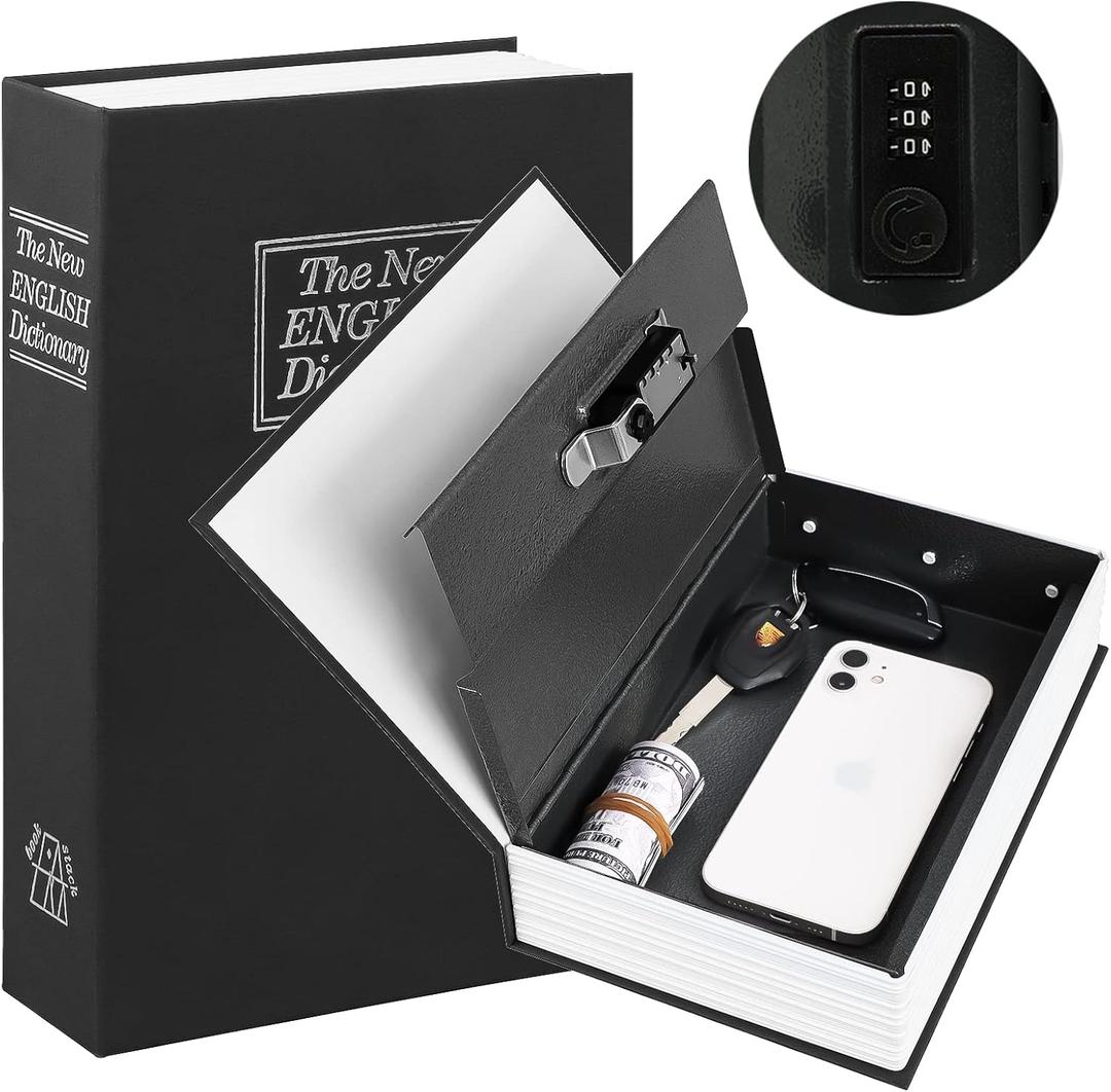 KYODOLED Diversion Book Safe with Combination Lock, Secret Hidden Metal Lock Box,Money Hiding Collection Box,9.5" x 6.2" x 2 .2" Black Large