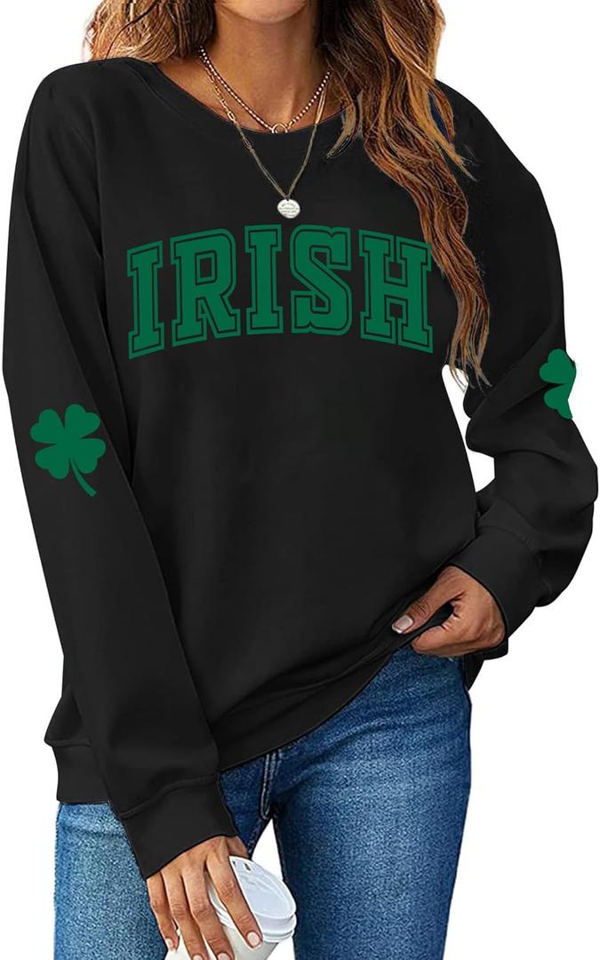St. Patrick's Day Sweatshirt for Women Lucky Shamrock Long Sleeve Sweater Irish Clover Casual Graphic Pullover Tops (Black, S)