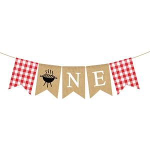 Pudodo Jute Burlap BBQ Themed One High Chair Banner with Grill Barbecue 1st Birthday Party Garland Decoration