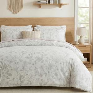 Cozaline Floral Comforter Set King Size 100% Cotton Comforter Sets, Reversible Grey Floral Comforters Lightweight All Season Farmhouse Bedding with Matching Pillowcases