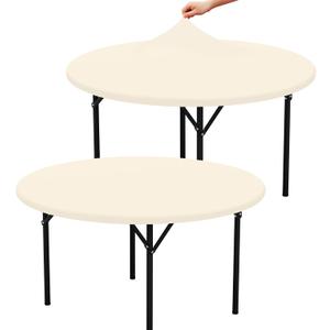 misaya 2 Packs Round Spandex Tablecloths, Stretch Elastic Tablecloth Cover Fits for 45"-56" Round Tables, Washable Polyester Table Cloth for Dining, Party, Outdoor and Indoor, Champagne