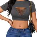 Remidoo Women's Sexy Distressed Ripped Crop Top Short Sleeve Cropped T Shirt Summer Cutout Tops Grey Medium (Gray, M)