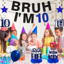 Kuxriox 11Pcs 10th Birthday Decorations for Boys Men, Blue Sliver Happy 10th Birthday Banner, Bruh I'm 10 Balloons Centerpieces Swirls Party Supplies, 10 Years Bday Banner Ceiling Table Topper Sign