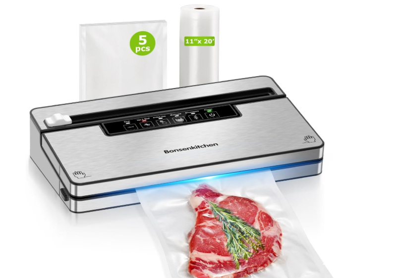 Bonsenkitchen Vacuum Sealer Machine, Stainless Steel Food Sealer Vacuum Sealers with 100 Bags & 1 Roll Bag, 5 Food Vacuum Modes, Builtin Cutter & Bag Storage, SilverBlack