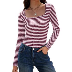 IWD Womens Striped Long Sleeve Shirts Slim Fit Square Neck Tops 2026 Spring Lightweight Knit Pullover Sweater (Red, S)