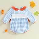 Baby Girl Halloween Outfit Peter Pan Collar Pumpkin Romper Bowknot Onesie Cute Girl Fall Winter Clothes (0-3 Months, Orange)