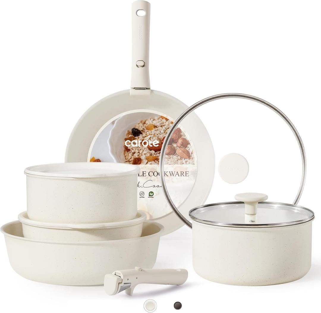 CAROTE 11pcs Pots and Pans Set Non Stick, Cookware Sets, Kitchen Set, Oven/Fridge Safe, Space Saving Pots Set, Nonstick Cooking Set with Versatile Detachable Handle, Induction RV Set, Cream White