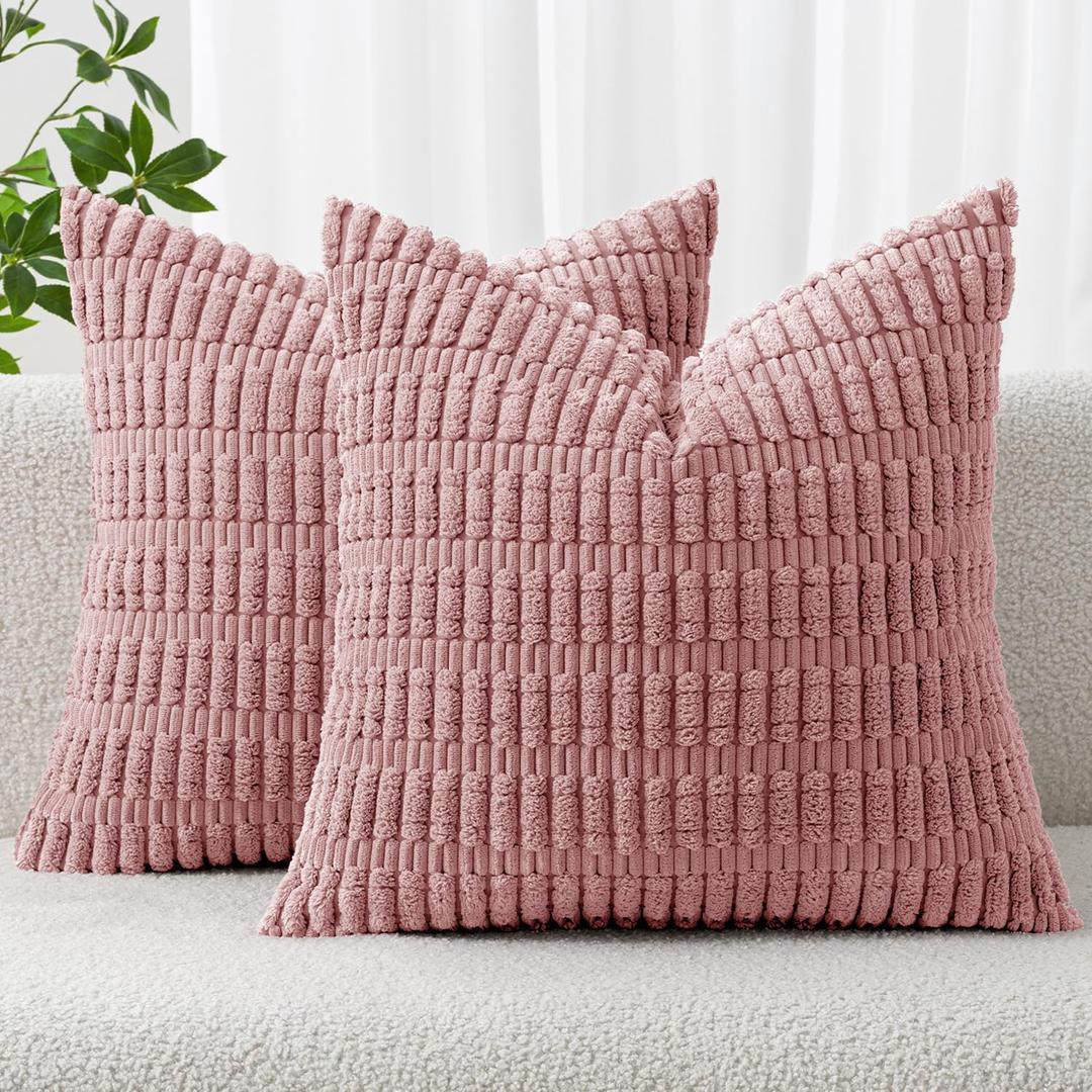 MIULEE Pack of 2 Corduroy Decorative Throw Pillow Covers 16x16 Inch Soft Boho Striped Pillow Covers Modern Farmhouse Home Decor for Sofa Living Room Couch Bed Blush Pink
