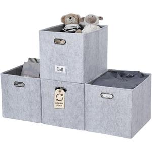 DECOMOMO Felt Storage Bins, 13x15x13 Storage Cube Bins with Labels | 4 Pack Storage Baskets for Shelves, Kallax (Light Grey)