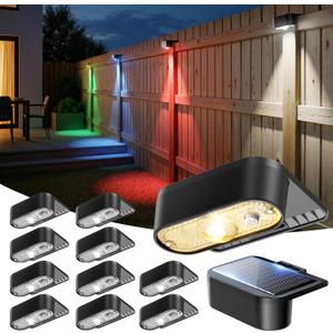 JOFIOS Solar Fence Lights Outdoor, 9 Fixed Colors Color Changing Solar Deck Lights Outdoor Waterproof IP44 Dusk-to-Dawn Fence Lights Solar Powered for Patio, Railing, Porch, Stair, Dock, 12 Pack