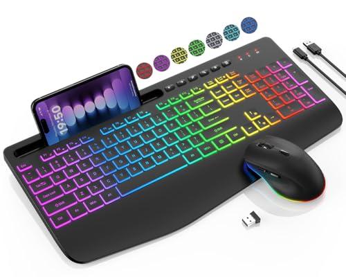 Wireless Keyboard - 9 Backlit Effects, RGB, Ergo Wrist Rest, Phone Holder, 2.4G Full Size, Rechargeable, Sleep Mode, KM22 MAX Quiet Set for Computer, PC, Laptop, Mac, Windows- SABLUTE
