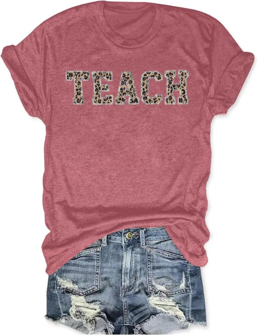 Teacher Shirts for Women: Embroidery Teach T-Shirts Leopard Teaching Graphic Gifts Short Sleeve (Medium, Pink1)